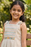 Beige Embroidered Frock With Pleats For Girls