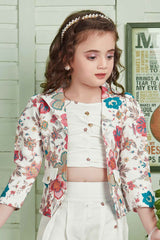 Stylish Peach  Floral Printed Co-Ord Set With Overcoat For Girls