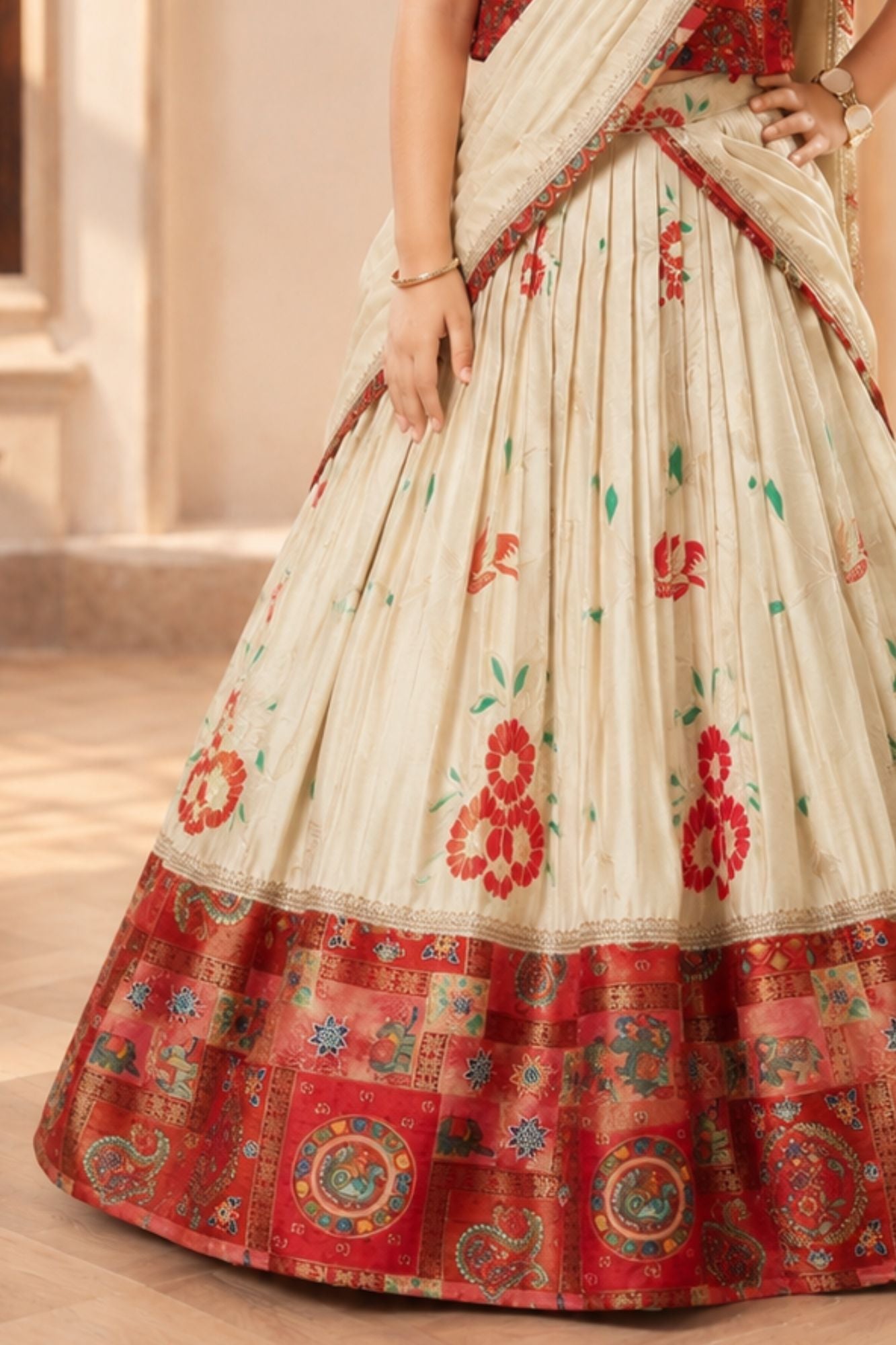 Red Patchwork Lehenga Choli with Attached Dupatta for Girls