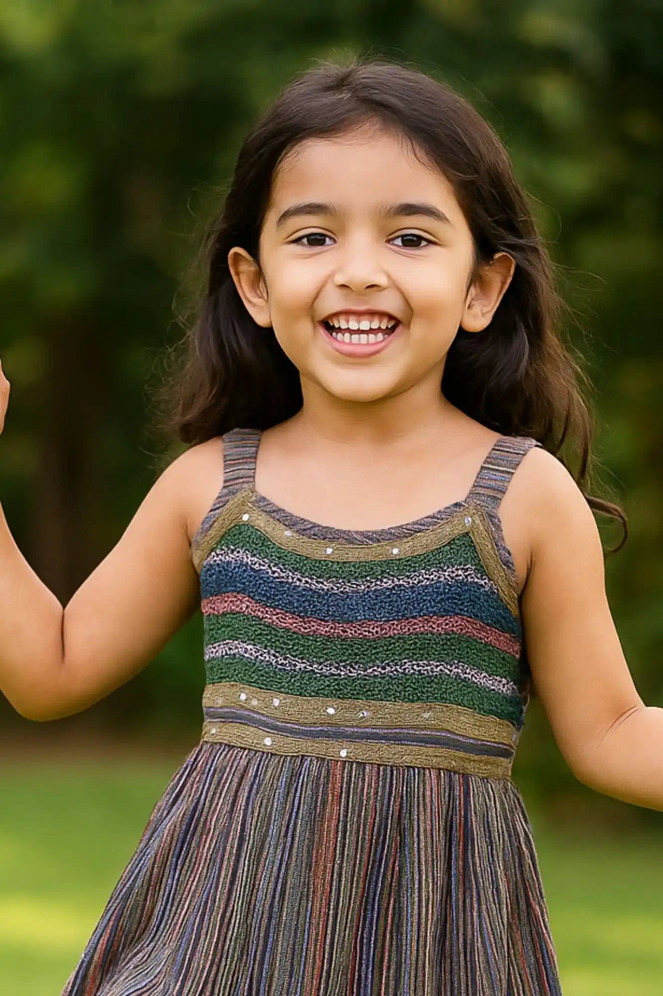 Multicolor Stripe Summer Dress with Shimmer Yoke For Girls