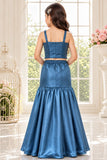 Blue Sequin Embellished Mermaid Lehenga Set For Girls