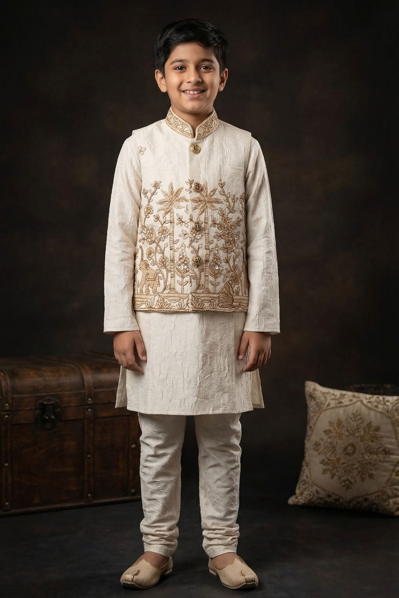 Ivory Gold Embroidered Jacket Kurta Set With Jacket For Boys