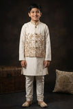 Ivory Gold Embroidered Jacket Kurta Set With Jacket For Boys