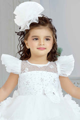 White Frill Sleeves And Sequin Embroidery With Floral Embellished Tail Back Frock For Girls