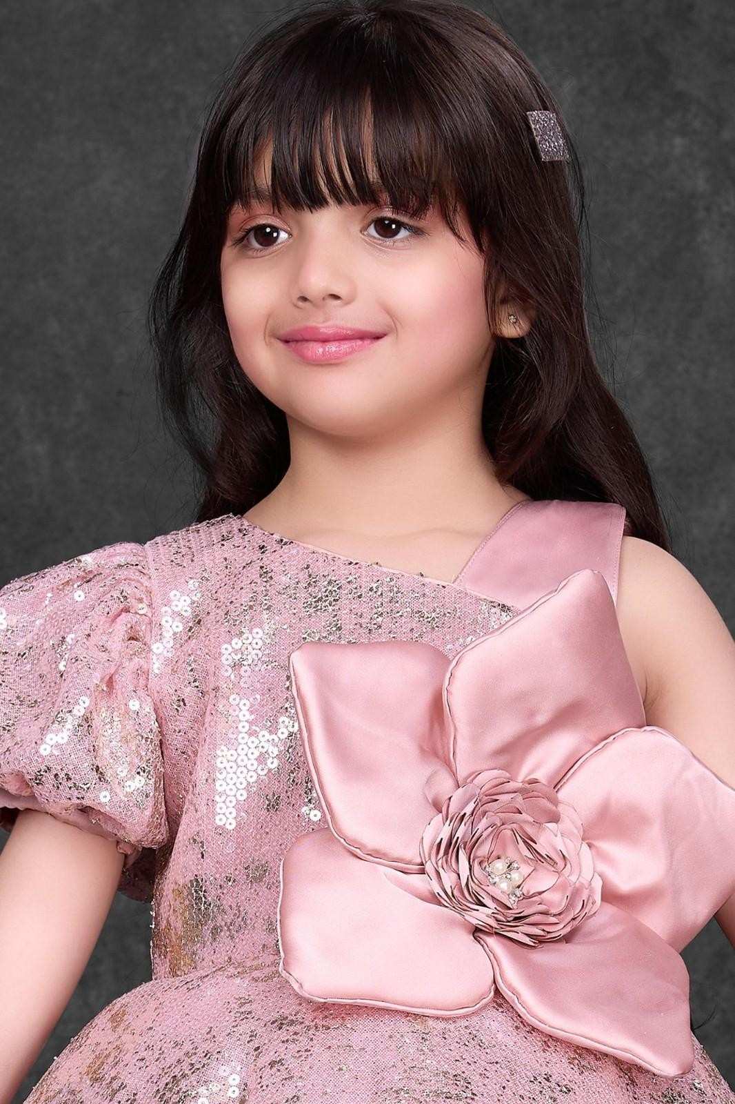 Dusty Pink Sequin Party Wear Frock with Statement Floral Detail For Girls