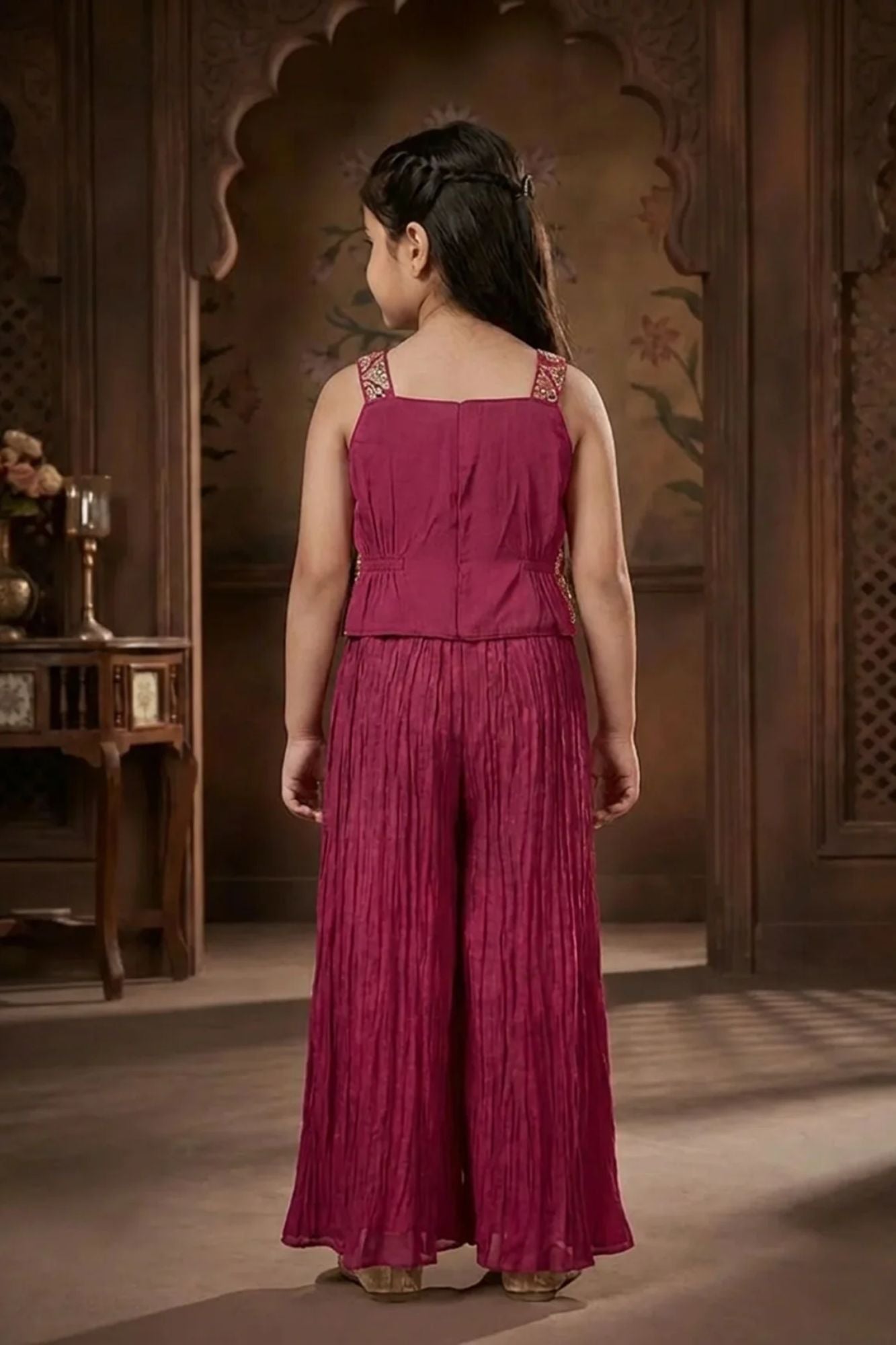 Girls Maroon Embroidered Palazzo Set with Ethnic Jacket