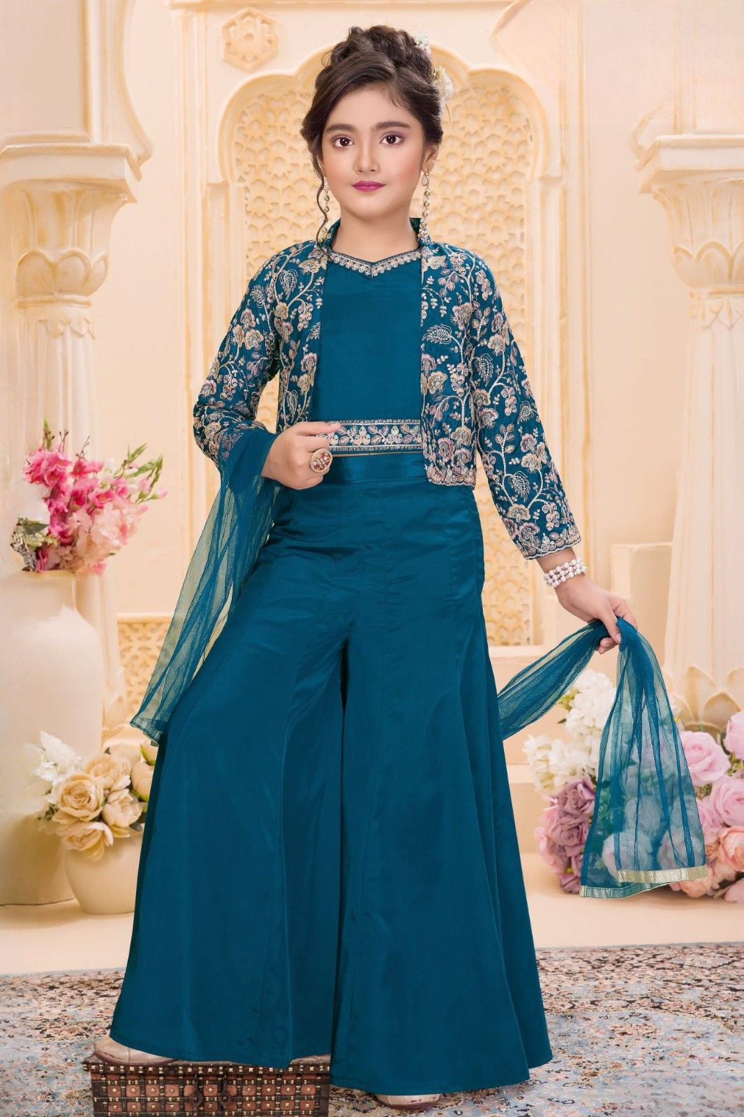 Teal Blue Embroidered 3-Piece Palazzo Set for Girls