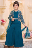Teal Blue Embroidered 3-Piece Palazzo Set for Girls
