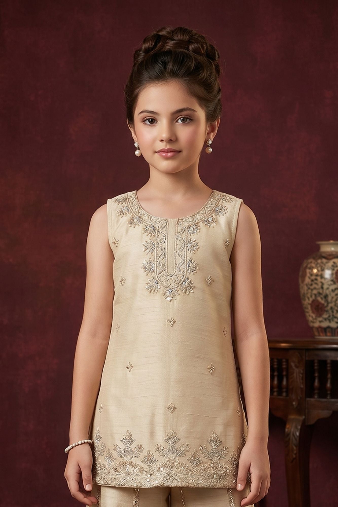Girls Ivory Embroidered Kurti with Palazzo Set