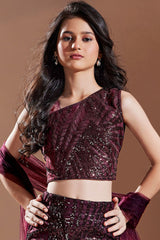 Wine Sequin Embellished Fish Cut Lehenga Set For Girls
