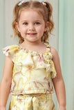 Girls Yellow Floral Printed One-Shoulder Co-Ord Set with Wide-Leg Pants