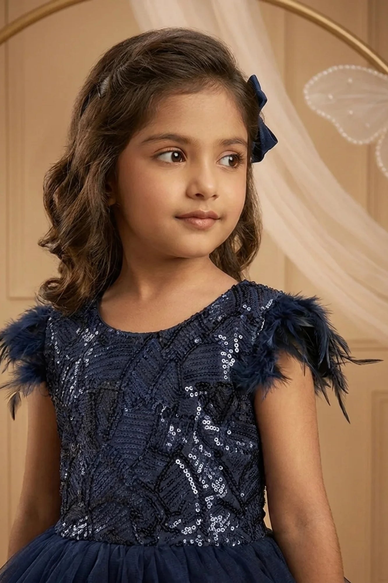 Girls Navy Blue Layered Net Party Frock with Cape Sleeves