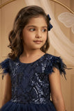 Girls Navy Blue Layered Net Party Frock with Cape Sleeves