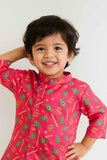 Vibrant Pink And Yellow Dhoti Kurta Set With Peacock Feather Print For Boys