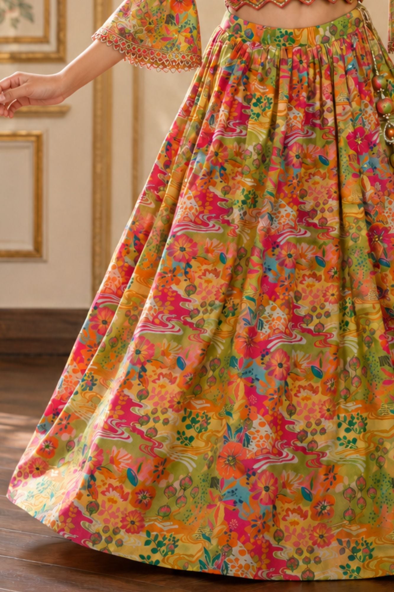 Green Floral Printed Lehenga Choli Set with Dupatta