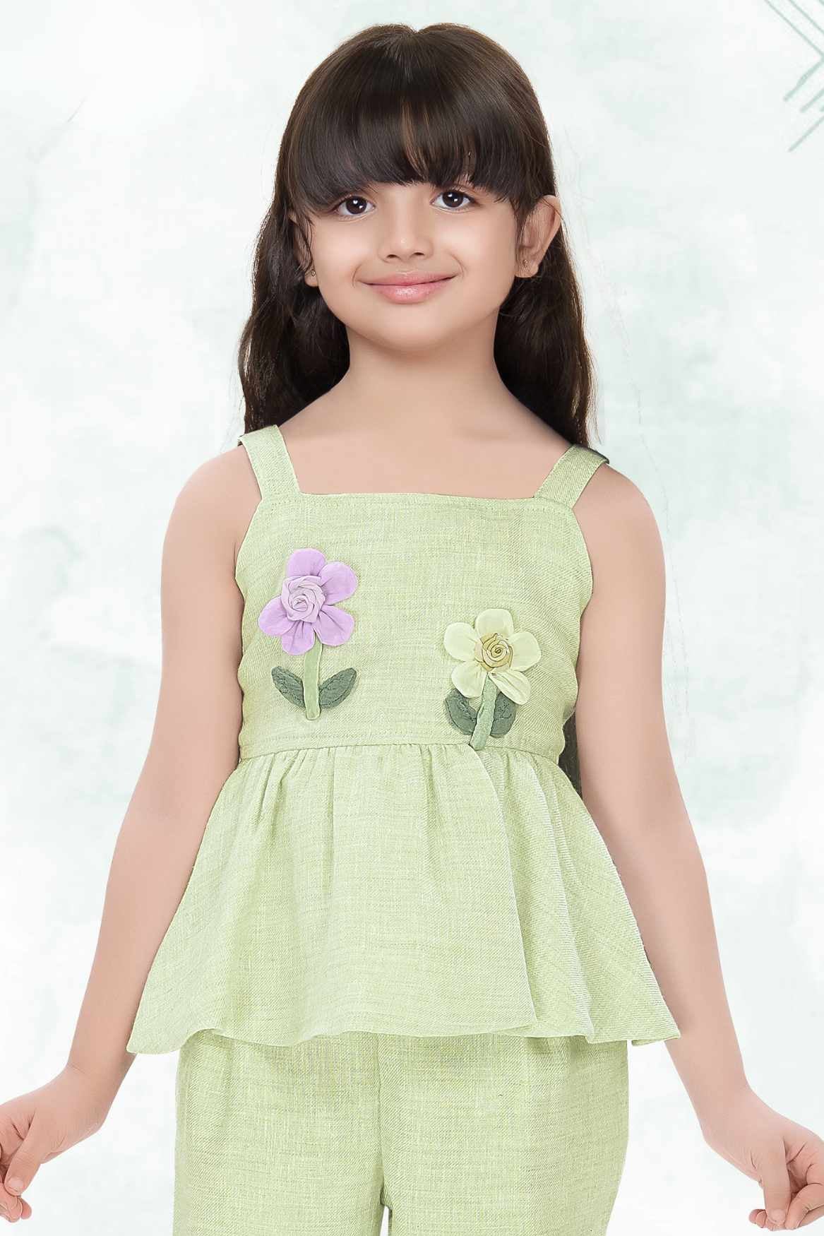 Pistachio Green Floral Appliqué And Palazzo Set For Girls