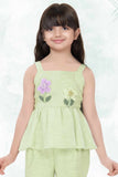 Pistachio Green Floral Appliqué And Palazzo Set For Girls