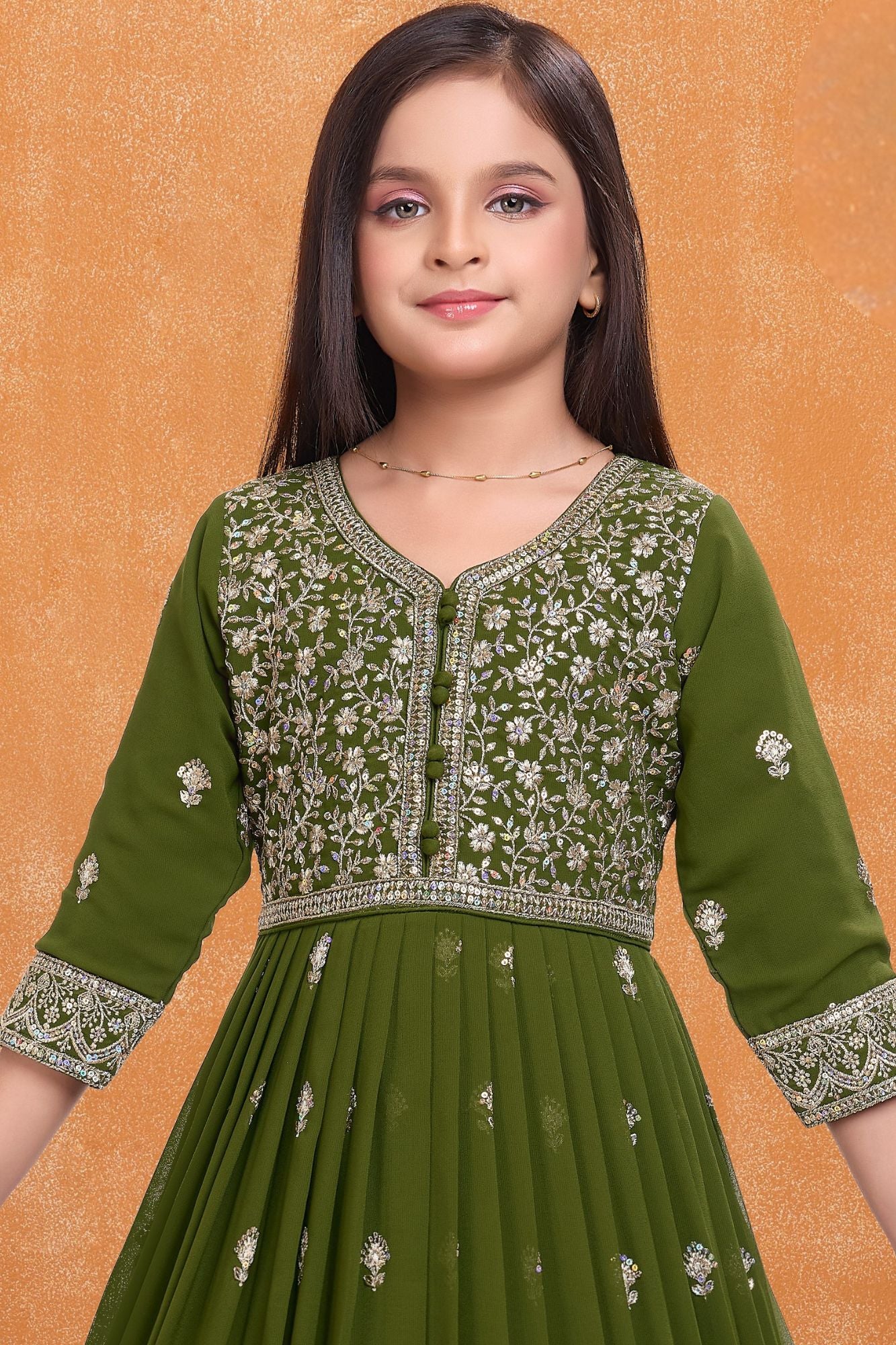 Girls Olive Green Silk Blend Ethnic Gown With Embroidered Neckline And Dupatta