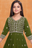 Girls Olive Green Silk Blend Ethnic Gown With Embroidered Neckline And Dupatta
