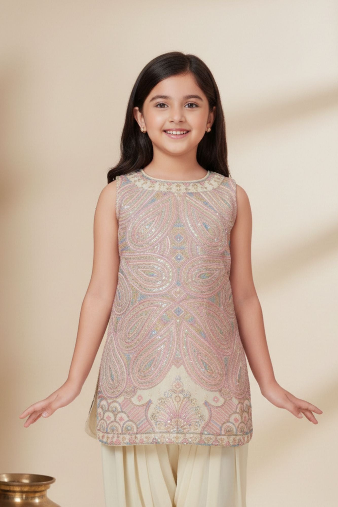 Multicolor Sequins Embroidered Kurti with Patiala Pants For Girls