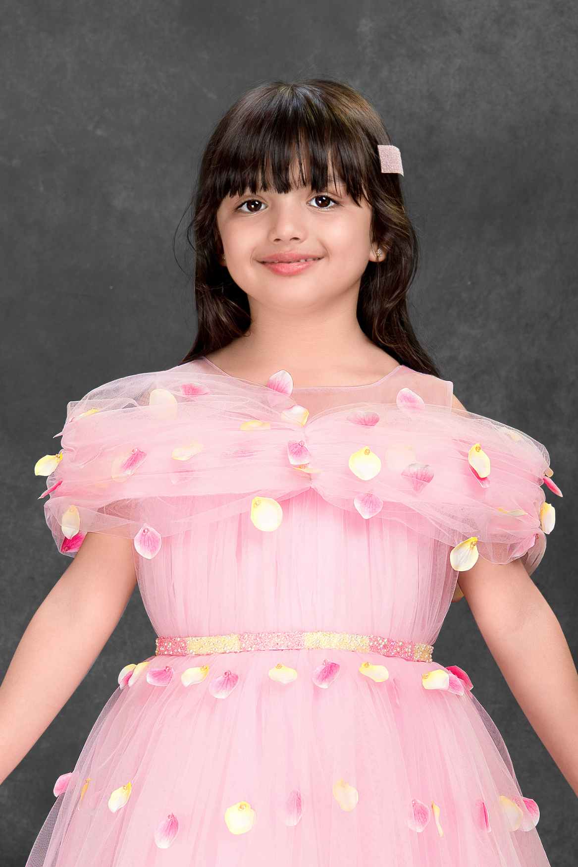 Pink Floral Petal Embellished Party Gown With Cape Overlay For Girls
