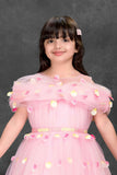Pink Floral Petal Embellished Party Gown With Cape Overlay For Girls