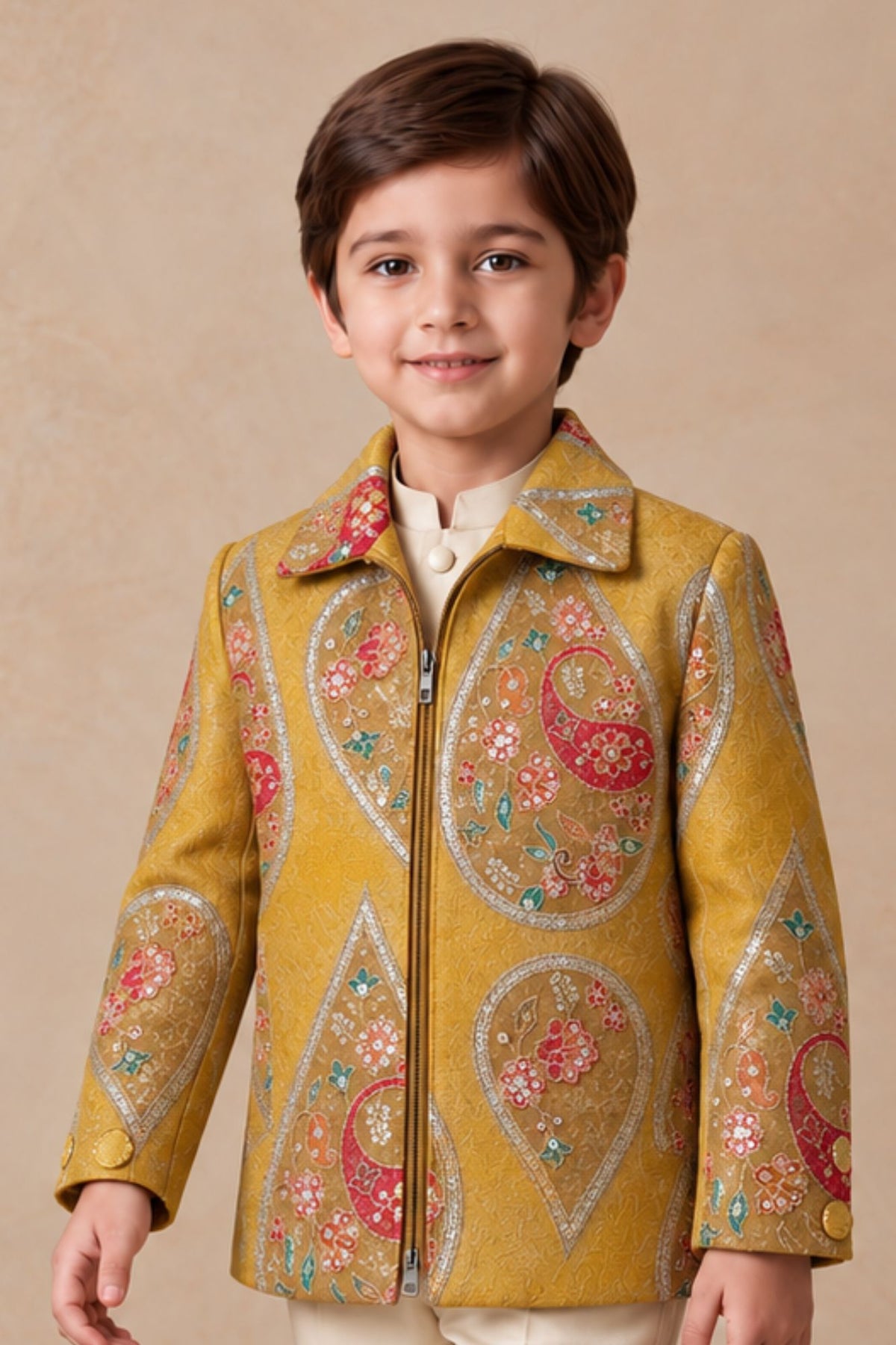 Boys Mustard Yellow Embroidered Jodhpuri Suit