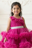 Rani Pink Floral Appliqué Layered High-Low Party Wear Frock For Girls