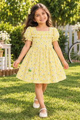 Girls Yellow Floral Printed Puff Sleeve Fit And Flare Dress