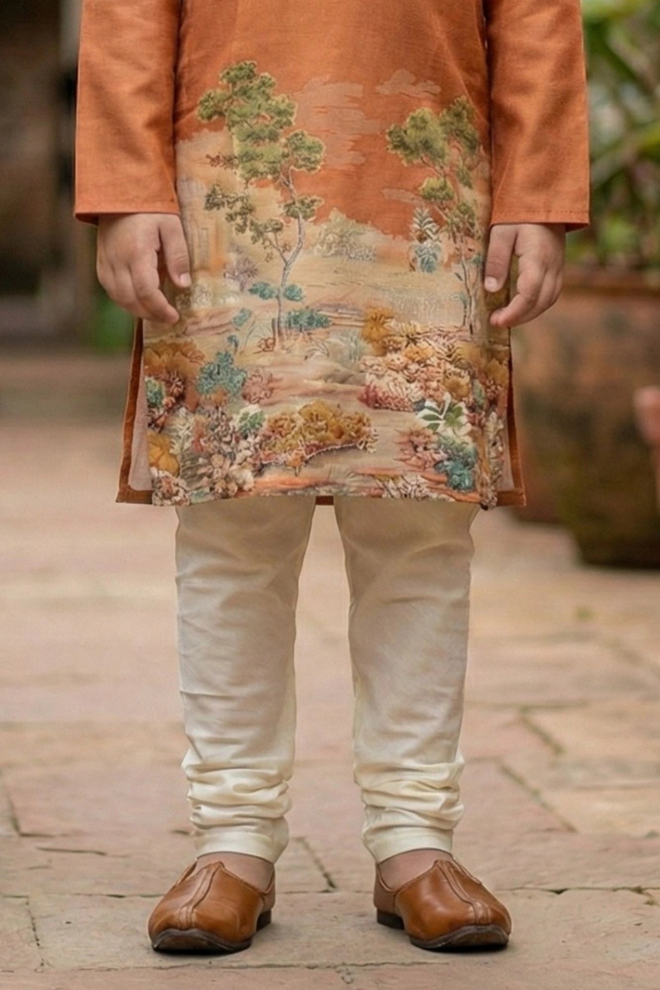 Orange Scenic Print Kurta With Cream Pajama Set For Boys