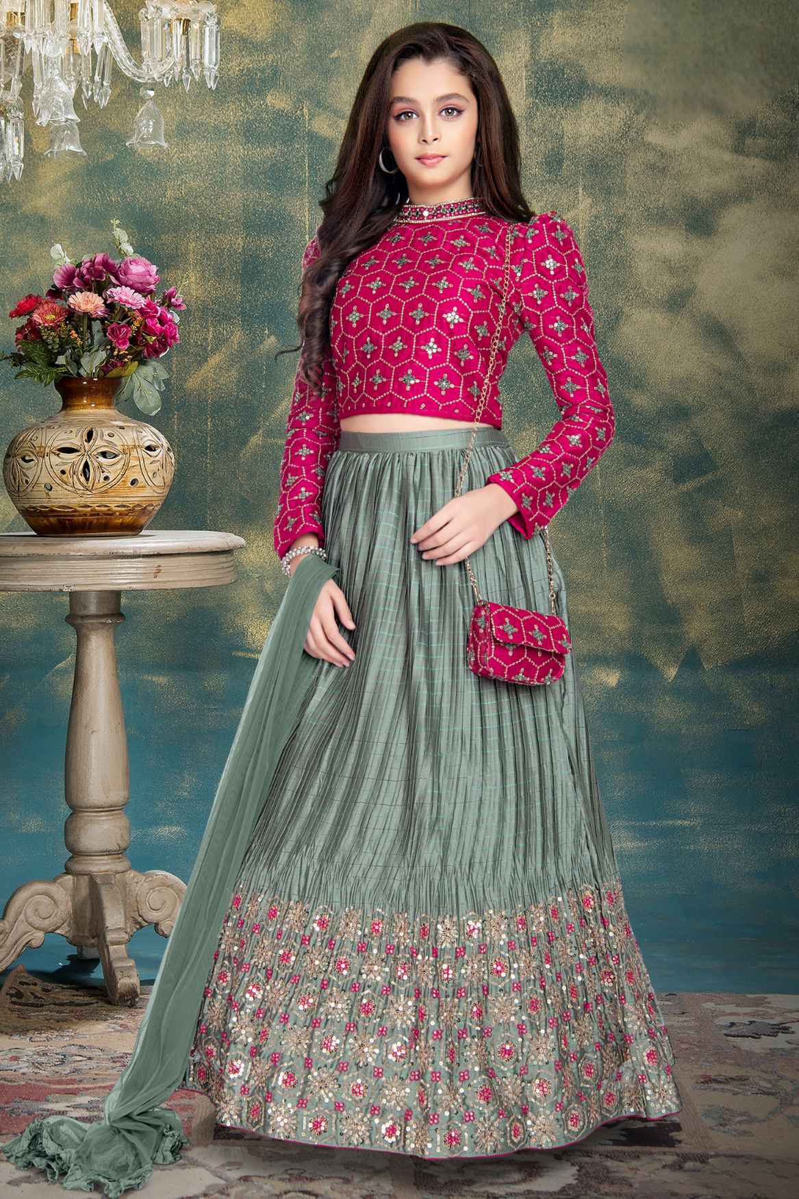 Rani Pink Full Sleeves Lehenga Choli Set With Sequins Work For Girls