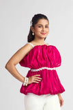 Pink Ruched Top with White Flared Pants For Girls