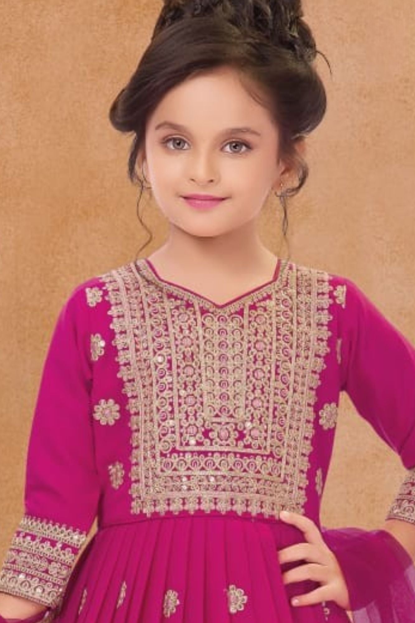 Rani Pink Embroidered Anarkali Ethnic Gown with Dupatta For Girls