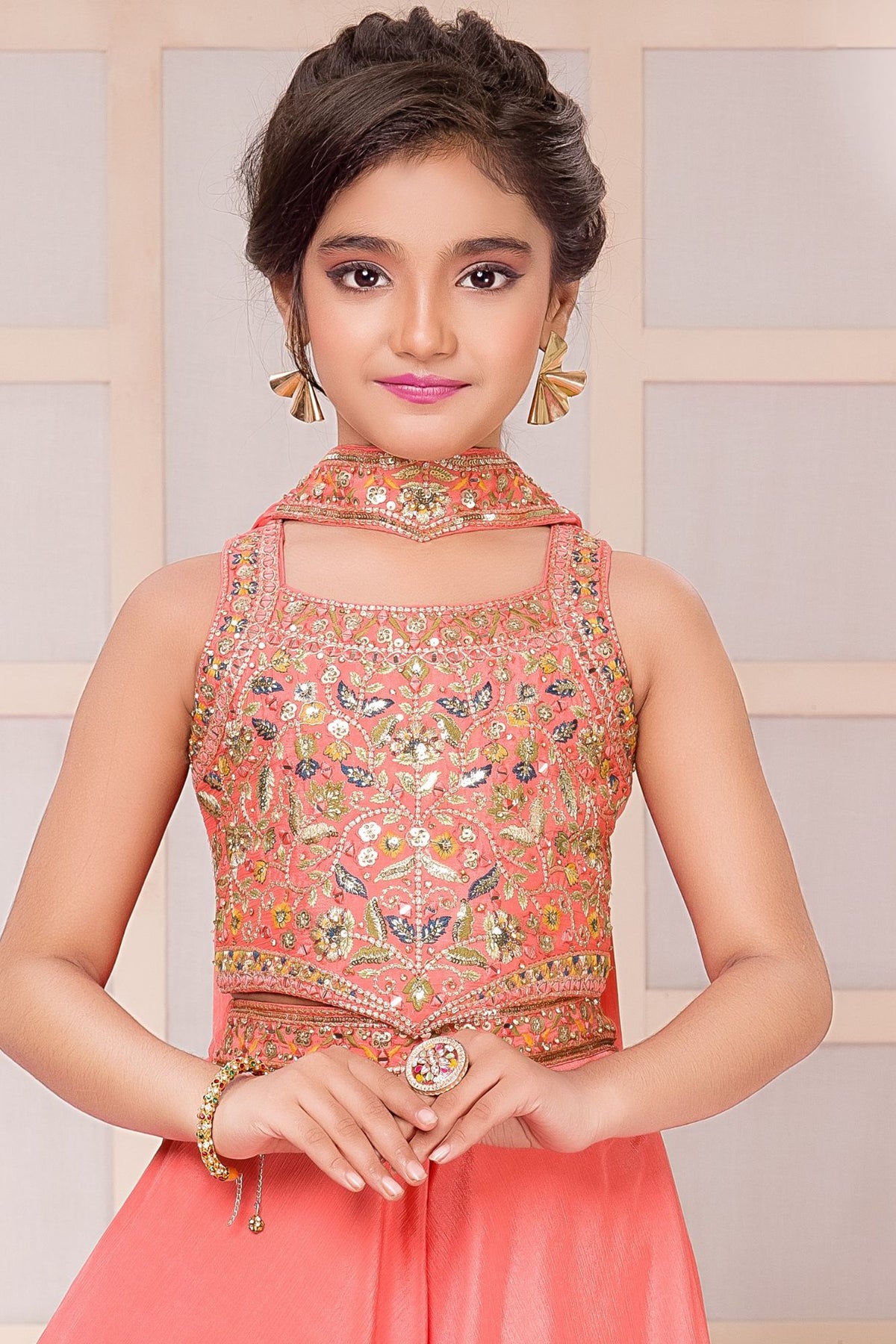 Coral Peach Embroidered Palazzo Set For Girls