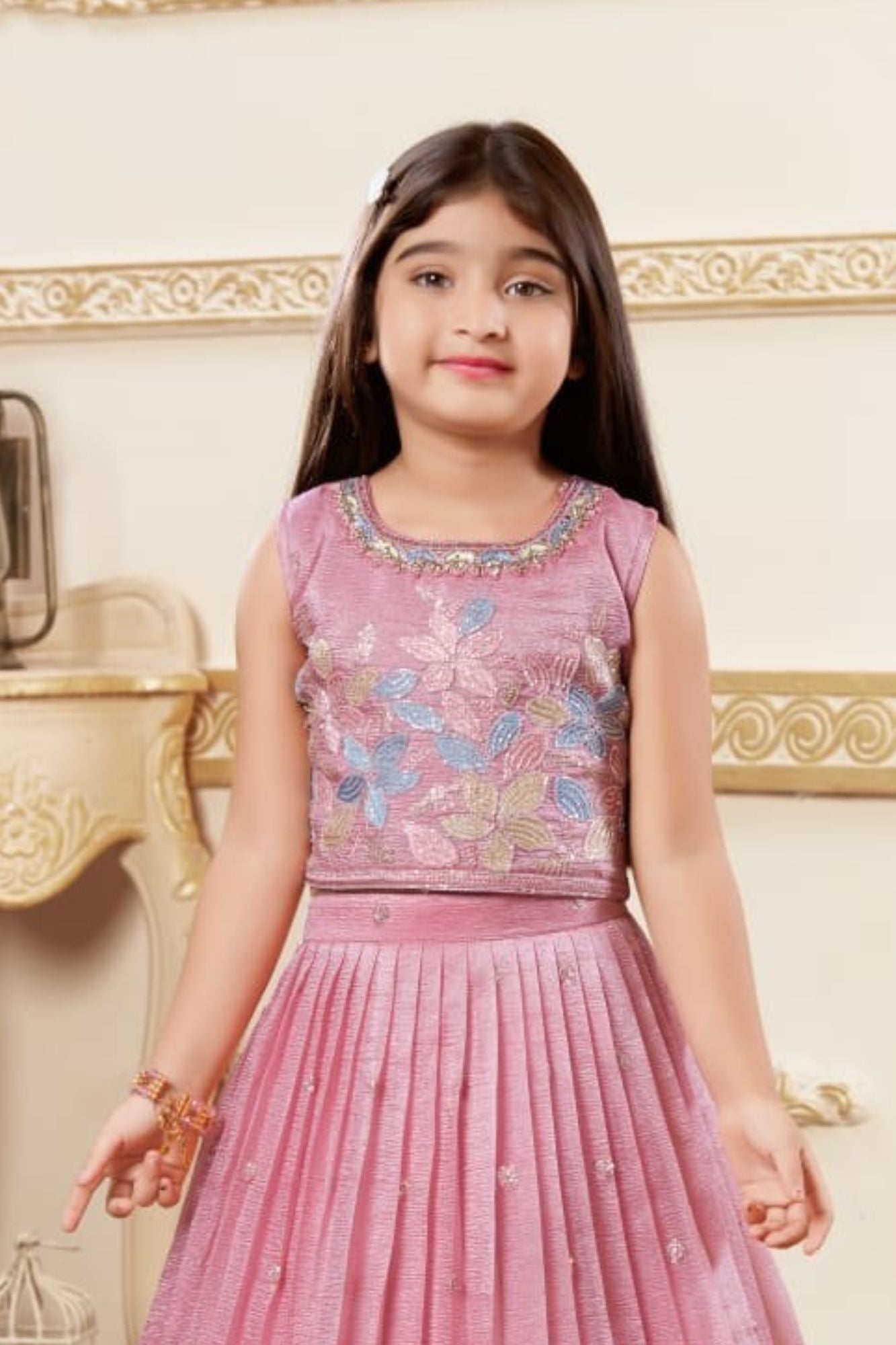 Pink Embroidered Lehenga Choli Set with Floral Thread Work For Girls