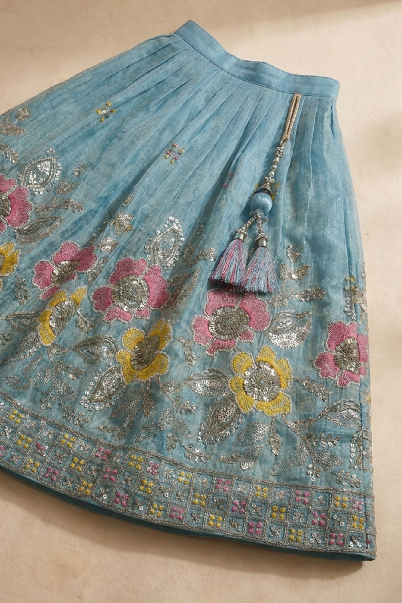 Dusty Blue Floral Embellished Lehenga Choli Set