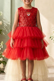 Girls Red Sequin Layered Tail Cut Party Frock