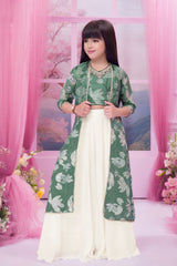 Bottle Green Embroidered Palazzo Set With Floral Jacket For Girls