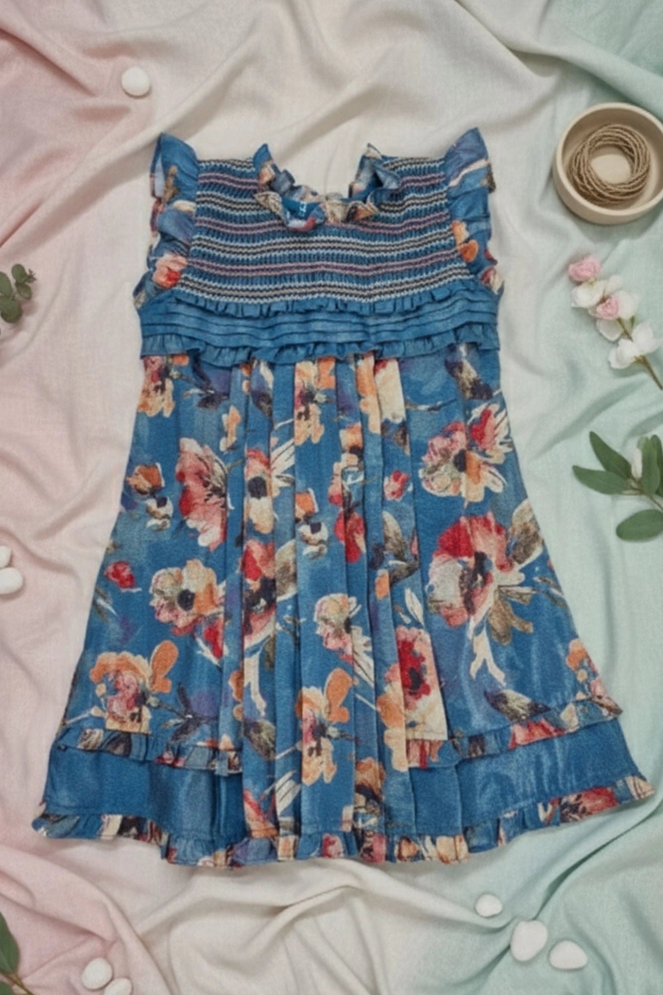 Blue Floral Printed Cotton Frock with Ruffle Yoke For Girls