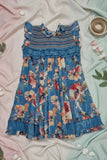 Blue Floral Printed Cotton Frock with Ruffle Yoke For Girls