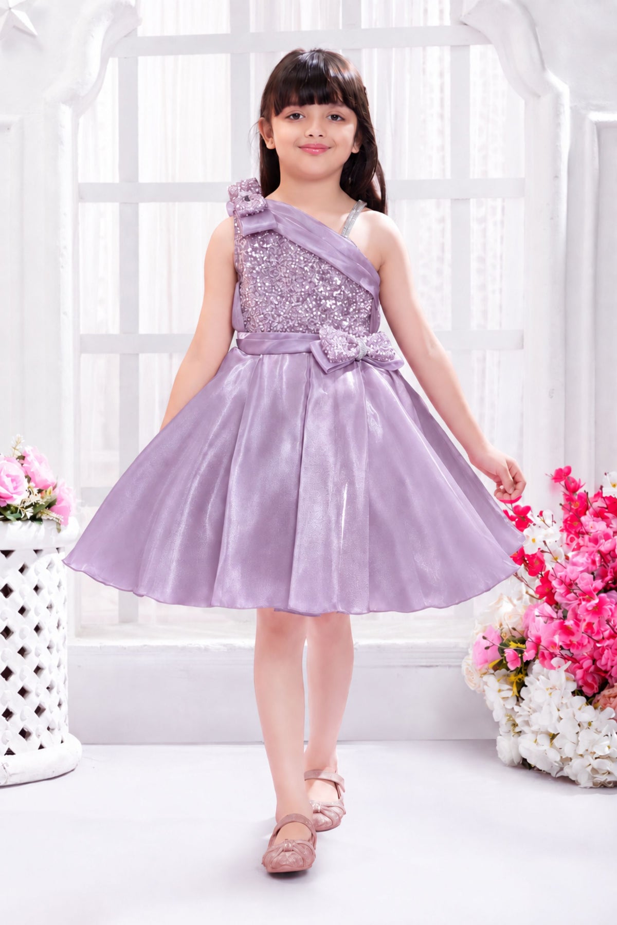 Lavender Party Wear Frock With Sequined Statement Bow