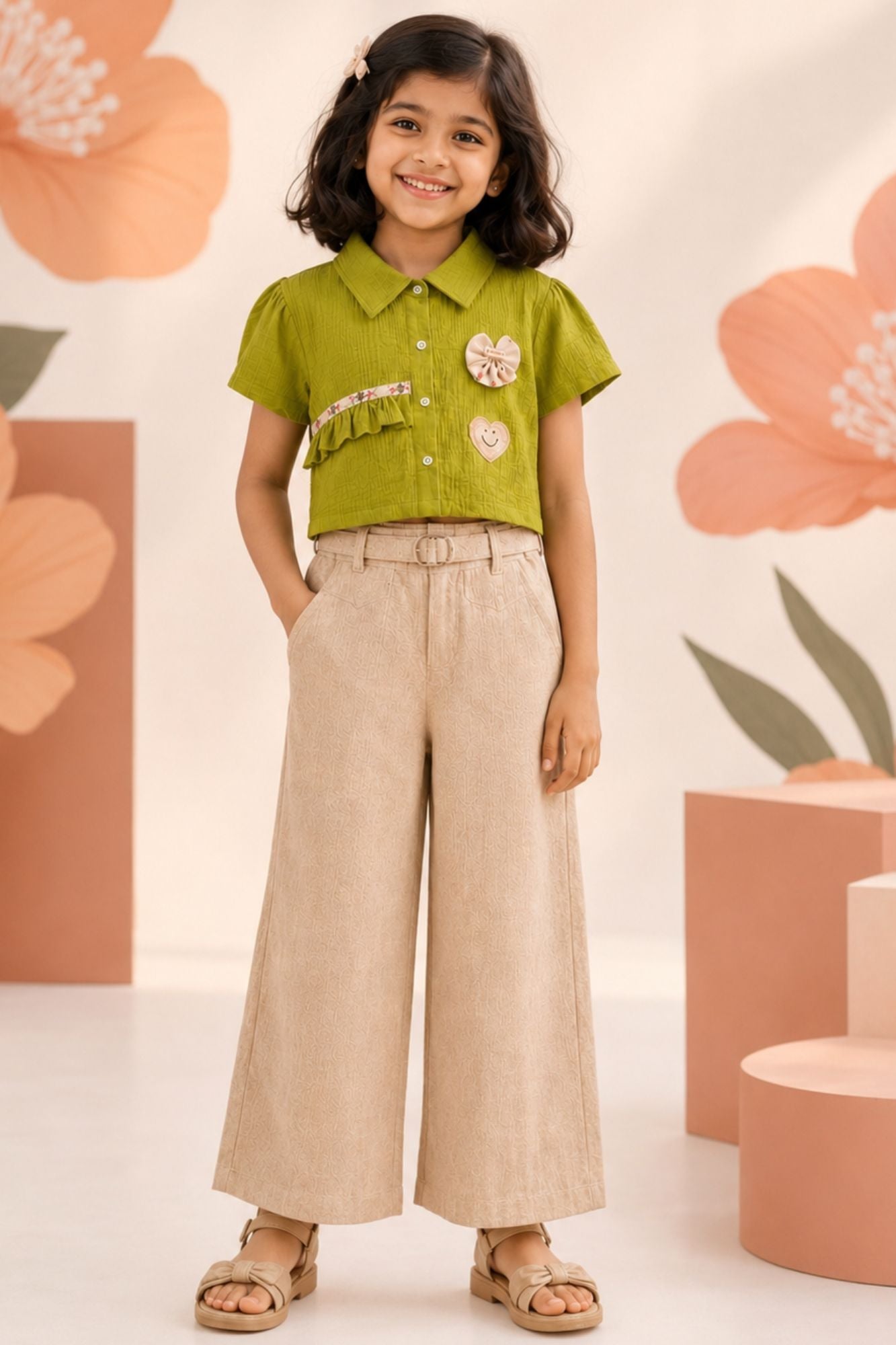 Pista Green Applique Top with Beige Wide Leg Pants Set