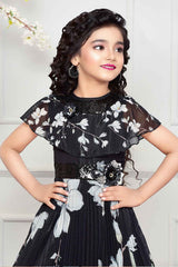 Black Printed Gown With Sequin And Floral Waist Band For Girls