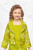 Green Embroidered Wide Legged Pant Set With Jacket For Girls
