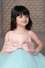 Designer Peach And Blue Frock With Bow Embellishment For Girls