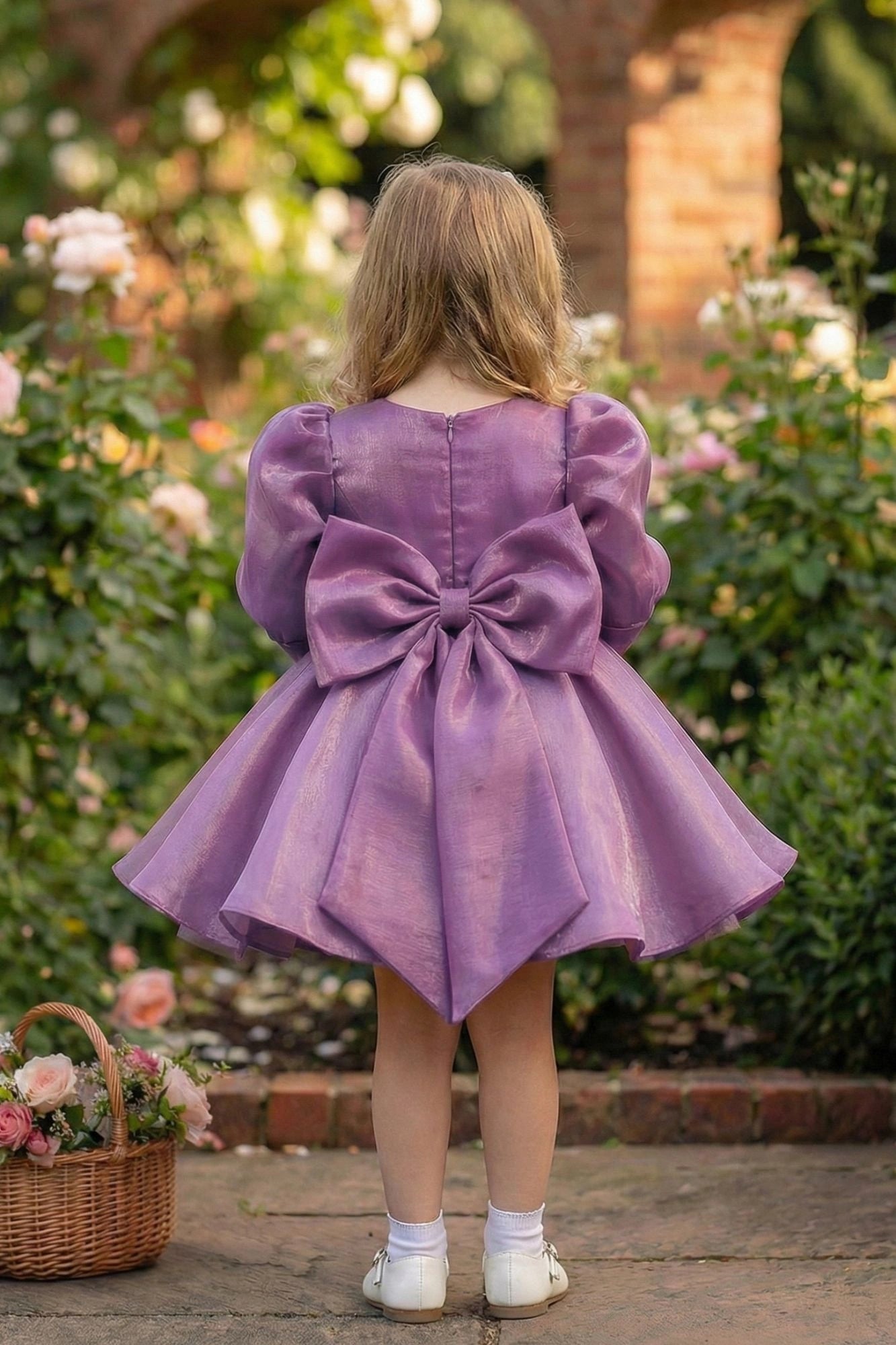 Lavender Party Wear Frock with Puffy Sleeves & Statement Rose Appliqué For Girls