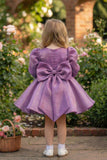Lavender Party Wear Frock with Puffy Sleeves & Statement Rose Appliqué For Girls