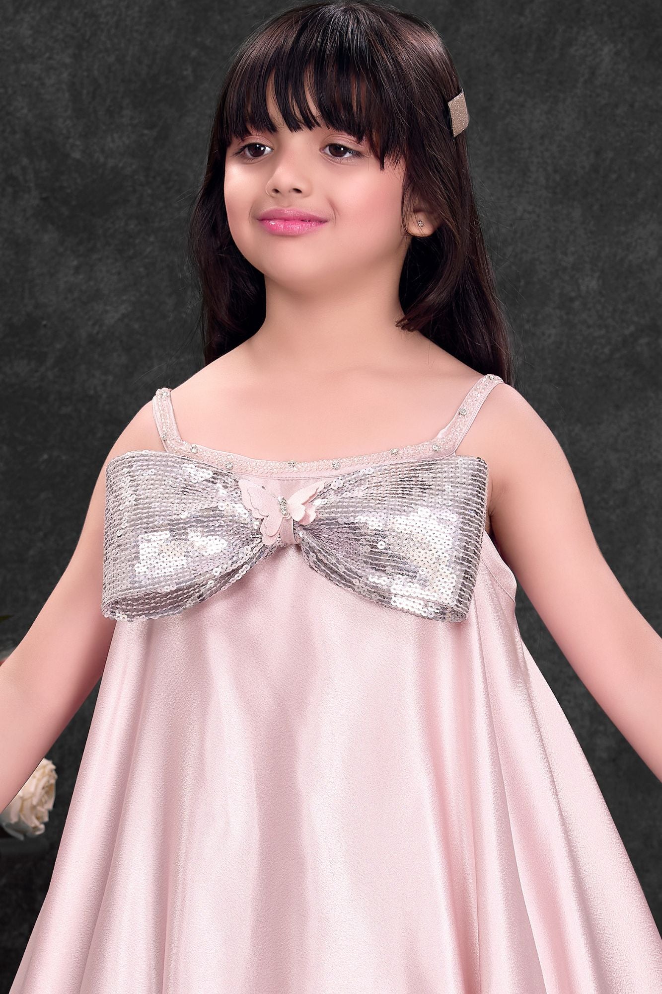 Blush Pink Party Wear Gown With Sequin Bow And Butterfly Applique For Girls