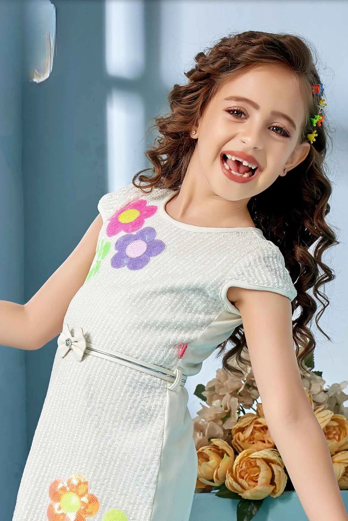 White Shift Dress with Colorful Floral Appliqué For Girls