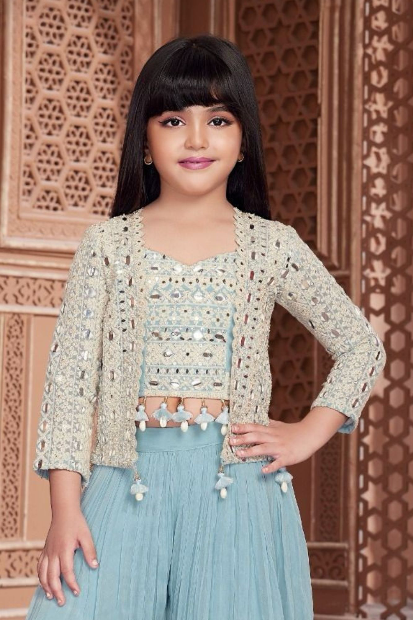 Sky Blue Embroidered Palazzo Set With Ethnic Jacket For Girls